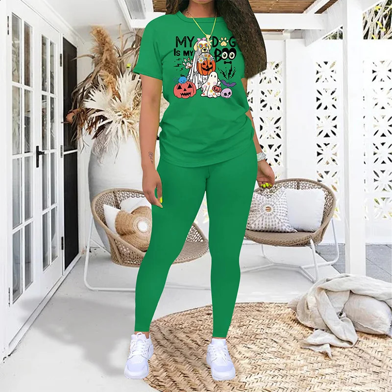 Halloween Dog Fashion Printed Two Piece Set Womens Casual Short sleeved T-shirt and Tight Summer Set 240827
