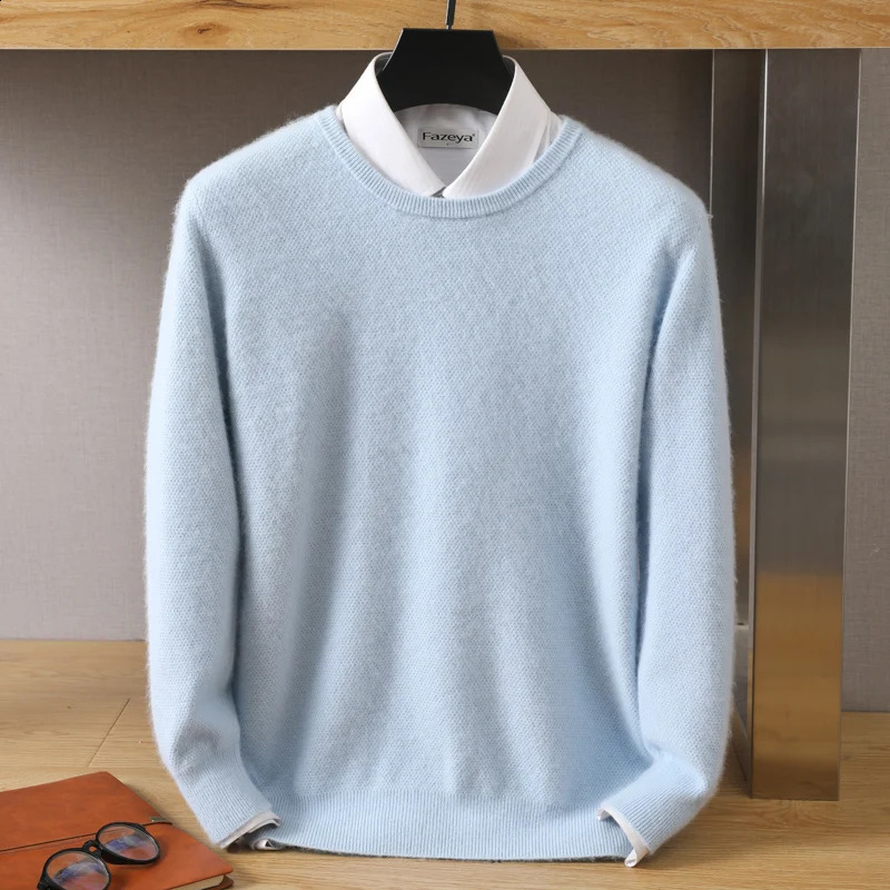 Autumn/Winter Korean 100% Mink Cashmere Mens Cold Top Solid Round Neck Pullover Casual Soft Sweater 240826