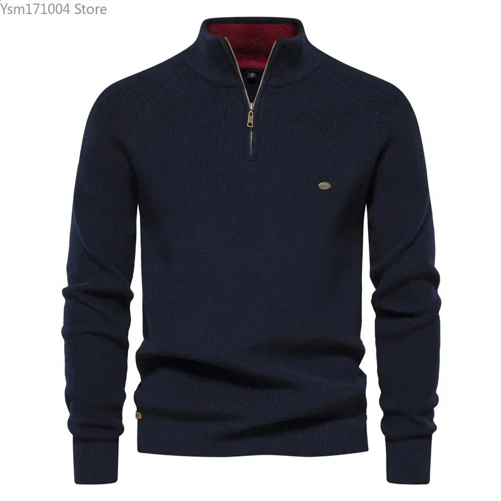 mens sweater with half neck zipper solid elastic slim fit long sleeved zipper casual business mens knitted zipper sweater with floral pattern 240827 - view 4