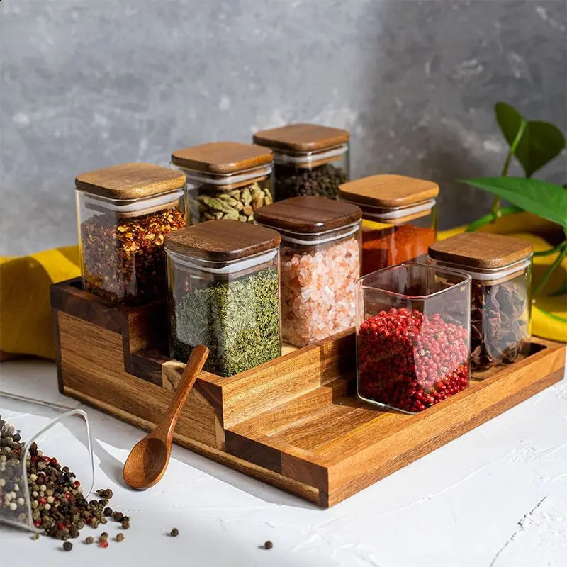 4 pieces of Acacia wood lid seasoning jar square transparent glass bottle kitchen storage salt spice restaurant sealed w240826