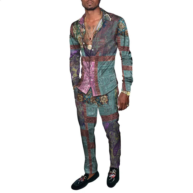 Fashion colored checkered 3D printed mens Harajuku clothing set Tracksuit long sleeved shirt long pants two-piece clothing set 240827