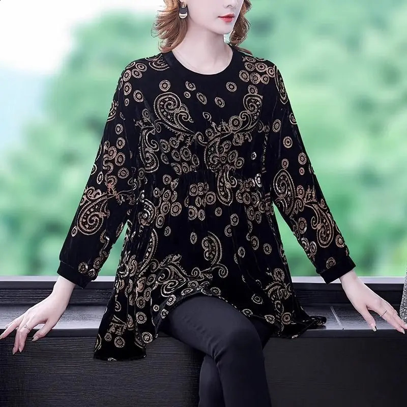 Womens round neck gold velvet T-shirt autumn/winter print polka dot long sleeved loose zipper top 240826