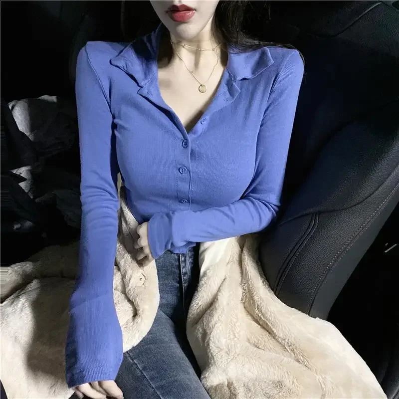 Long sleeved button down womens T-shirt ultra-thin Korean clothing top basic clothing trend 2025 polo neck womens T-shirt 240827