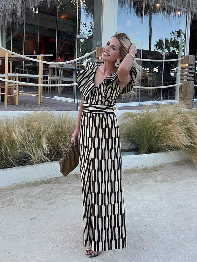 Fashion Printed Lotus Collar Flying Sleeve Top High Waist Tight Skirt Suit Ladies Elegant Skirts Set Women Vacation Outfits 240826