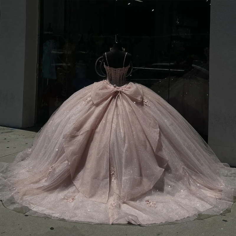 Princess Pink Quinceanera Dresses Ball Gown Lace Applique Bow Beading Spaghetti Corset Sweet 16 Vestido 15 De Anos