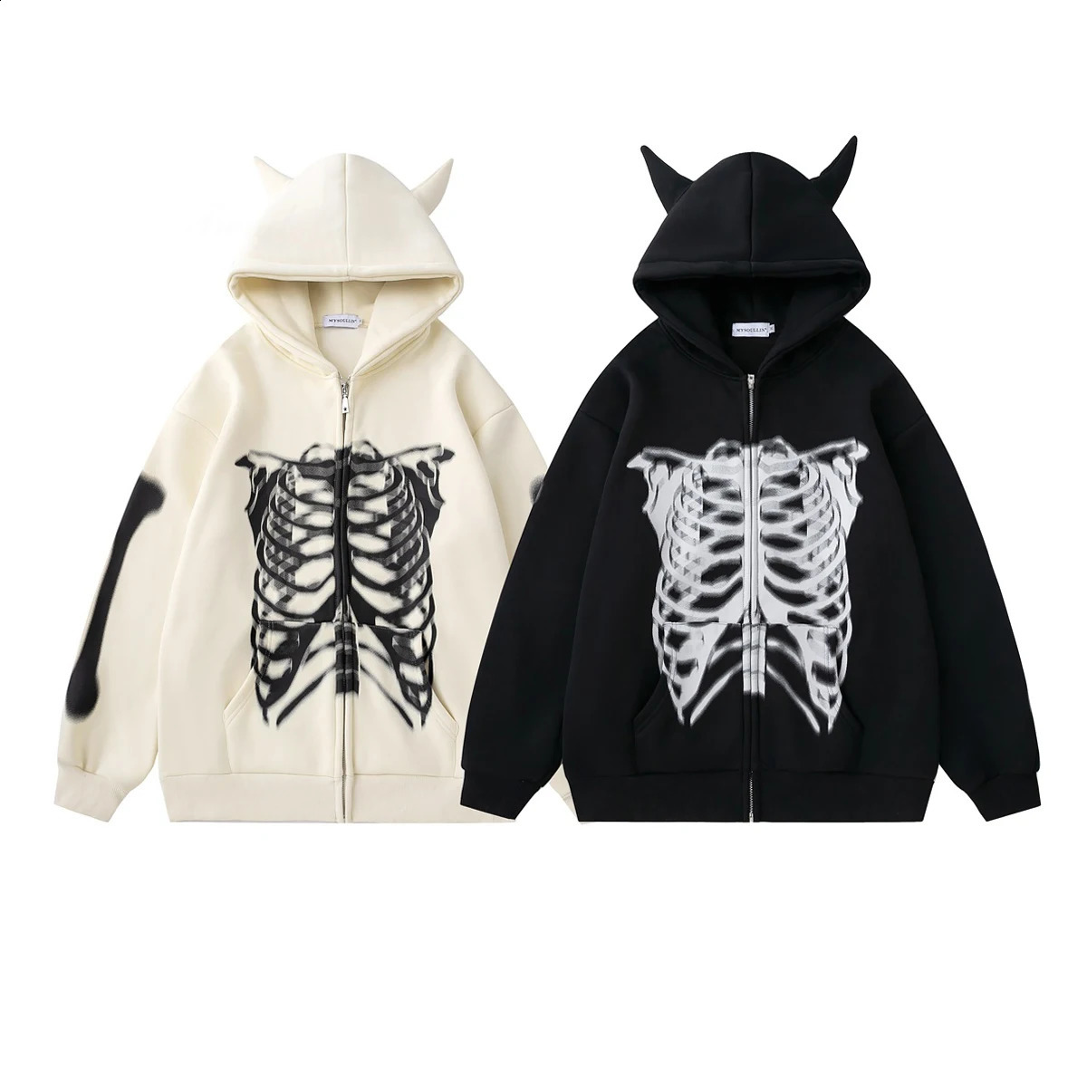 American hiphop graffiti printed velvet cardigan mens and womens fashion street horn hooded jacket European sweatshirt 240826