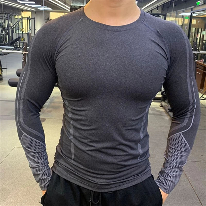 Mens fitness quick drying long sleeved shirt breathable and compact compression Tshirt gym training running 240827