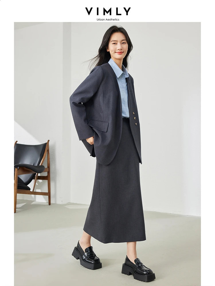 Vimly Spring Outfits Blazer Skirt 2 Pieces Sets for Women Elegant Fashion Matching Sets Jacket Split Skirt Suit with Belt 240826