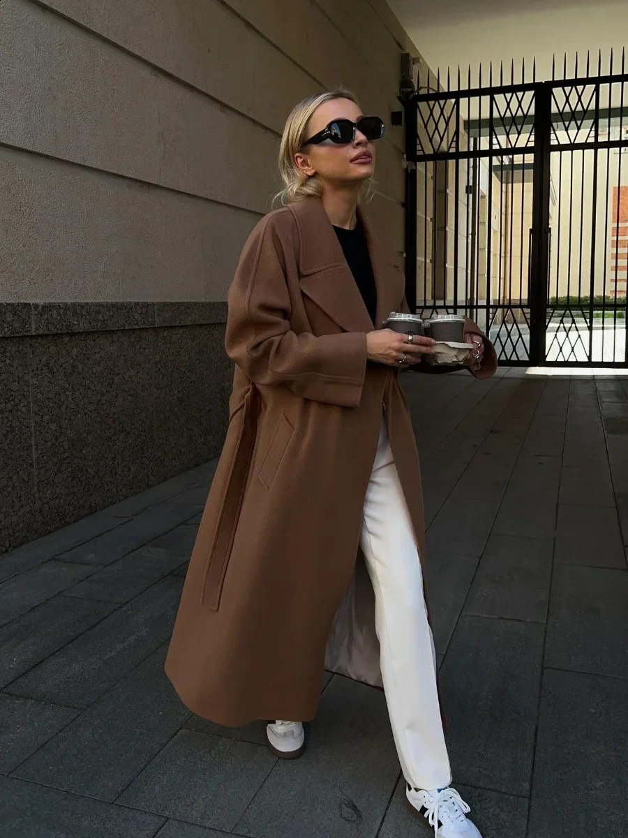 Bornlades Winter Thick Wool Coat Womens Belt Loose Long Jacket Office Autumn Warm Blended 240826