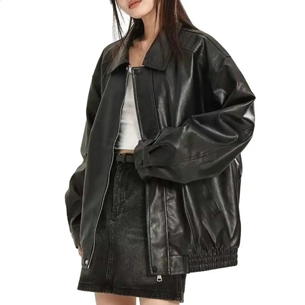 Womens faux leather jacket loose fit womens coat retro American style womens faux leather jacket loose fit zipper pocket 240827