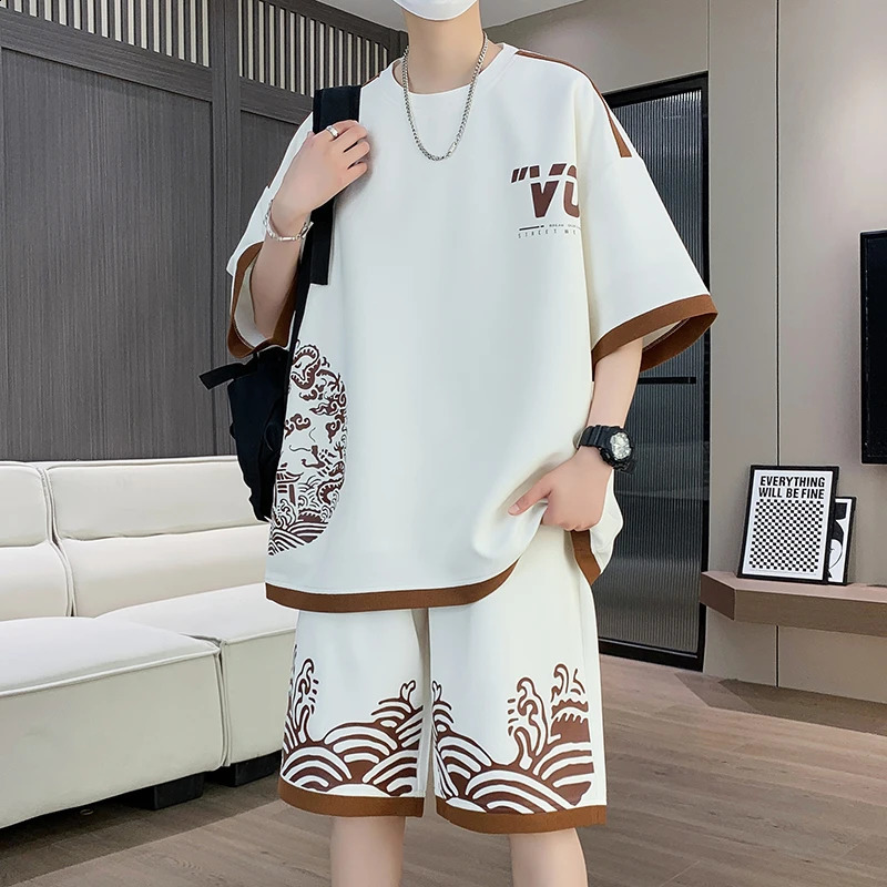 Summer short sleeved T-shirt casual sportswear paired with stylish and handsome mens two-piece sportswear 240827