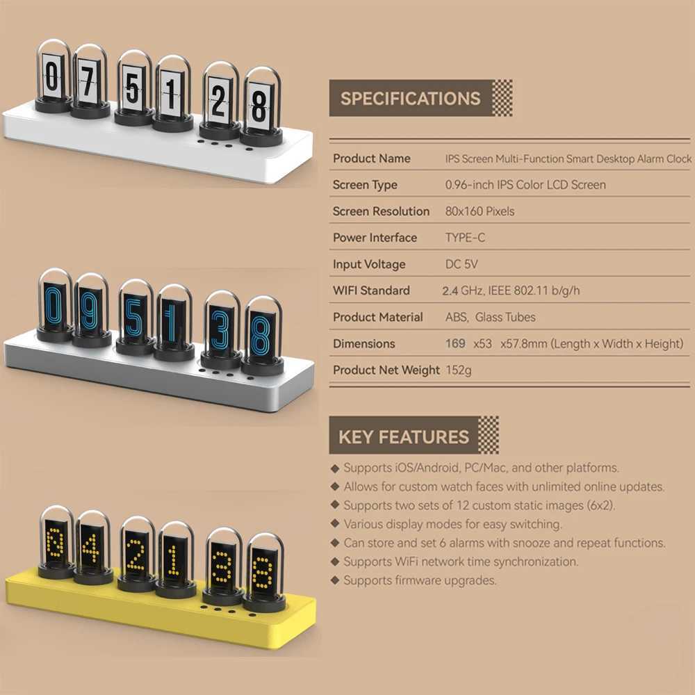 WIFI controlled IPS Nixie tube alarm clock with color RGB lights used for game room decoration. DIY clock face and pictures. Gift Creativity CL240827