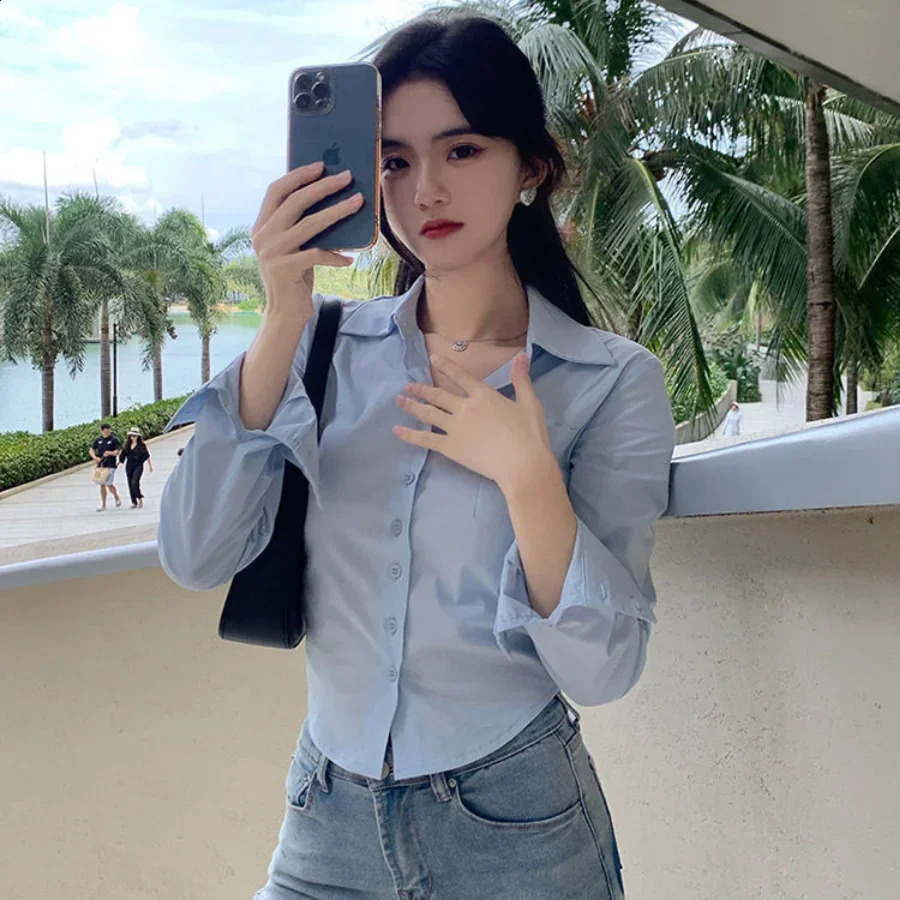 Womens formal blue top button up womens shirt and long sleeved work clothes white office clothes cool Y2k M S Xl 240827