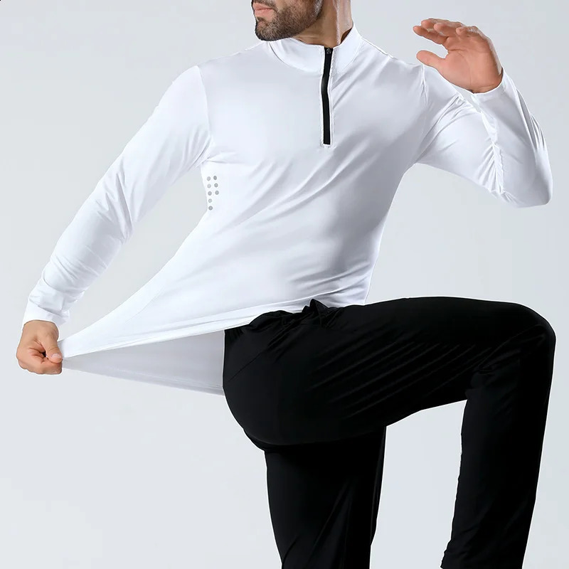 mens fitness suit polo shirt with half zipper thin running gym training wearing long sleeved quick drying elastic sports top for men 240827