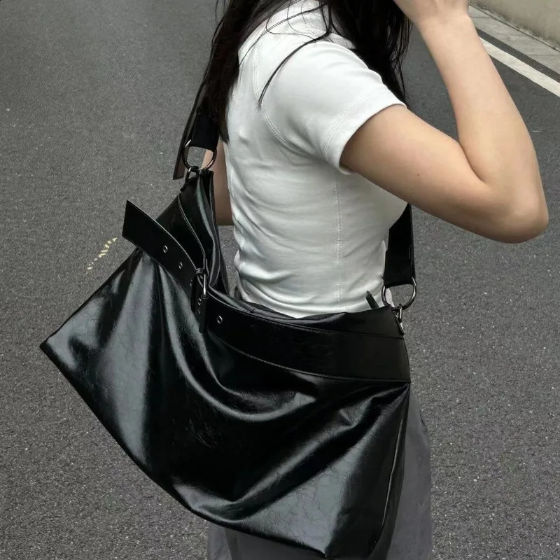 Xiuya Vintage Black Womens Tote Bag Large Capacity Solid Color Fashion Soft Pu Leather Shoulder Bag High Street Men Bag 240826