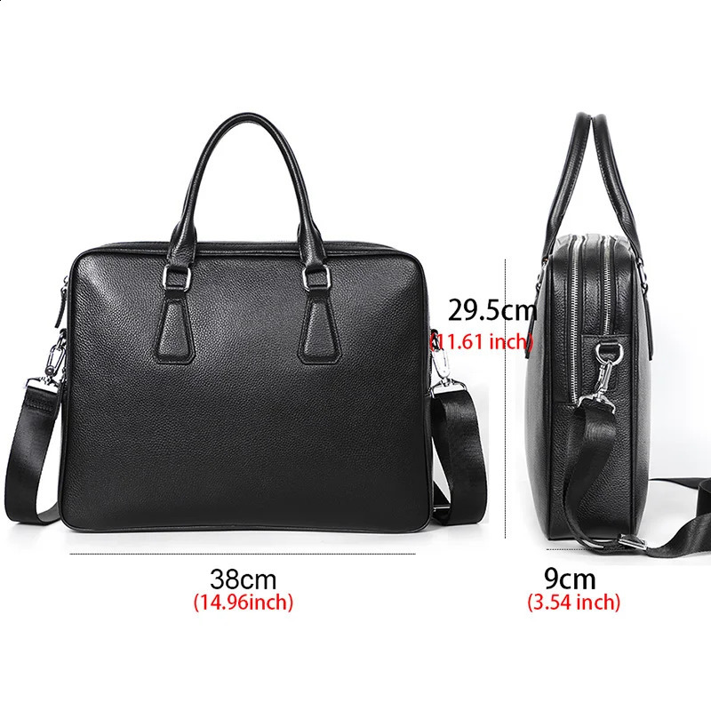 Double Zipper Briefcase Men Bag Genuine Leather Shoulder 14 inch Laptop Bags Large Capacity Handbag Business Mens 240827