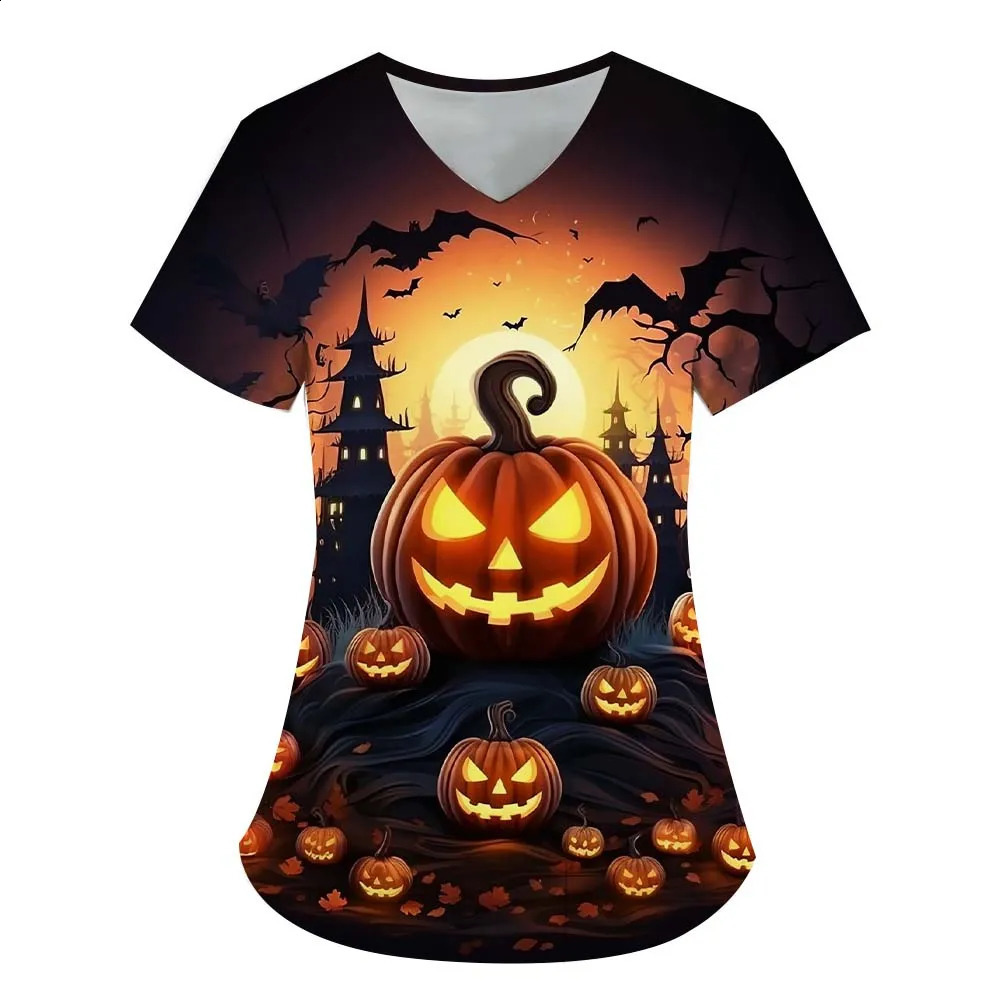 Womens fashion clothing Halloween series 3D printed nurse workwear V-neck T-shirt pocket womens short sleeved funny hip-hop 240827