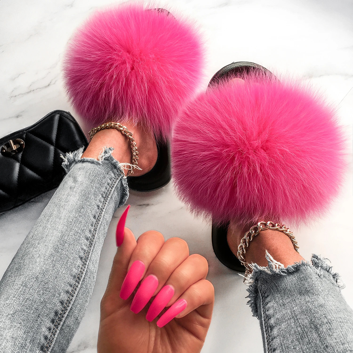 Ethel Anderson Real Fox Raccoon Fur Slider Womens Summer Flip Casual Cute Fur Sandals Plush Shoes Recommended 240827