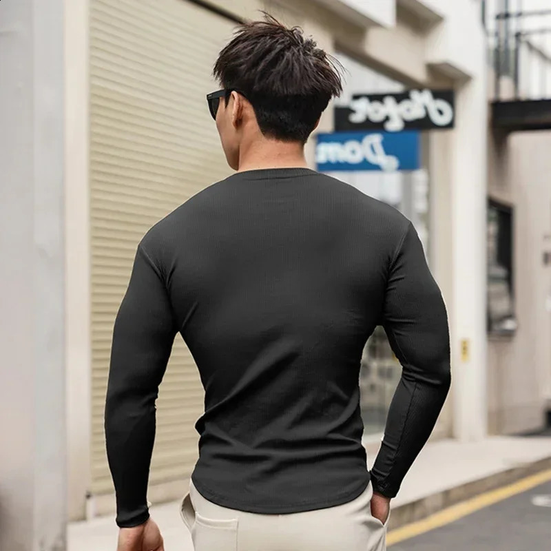 fashion casual compression shirt large sports exercise Tshirt mens elastic long sleeved autumn Vneck gym 240827