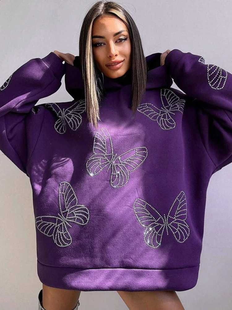 Butterfly Drilling Hoodies Casual Streetwear Women Long Sleeve Sweatshirt Loose Aesthetic Clothes Pullover Sudaderas Para Mujer 240827