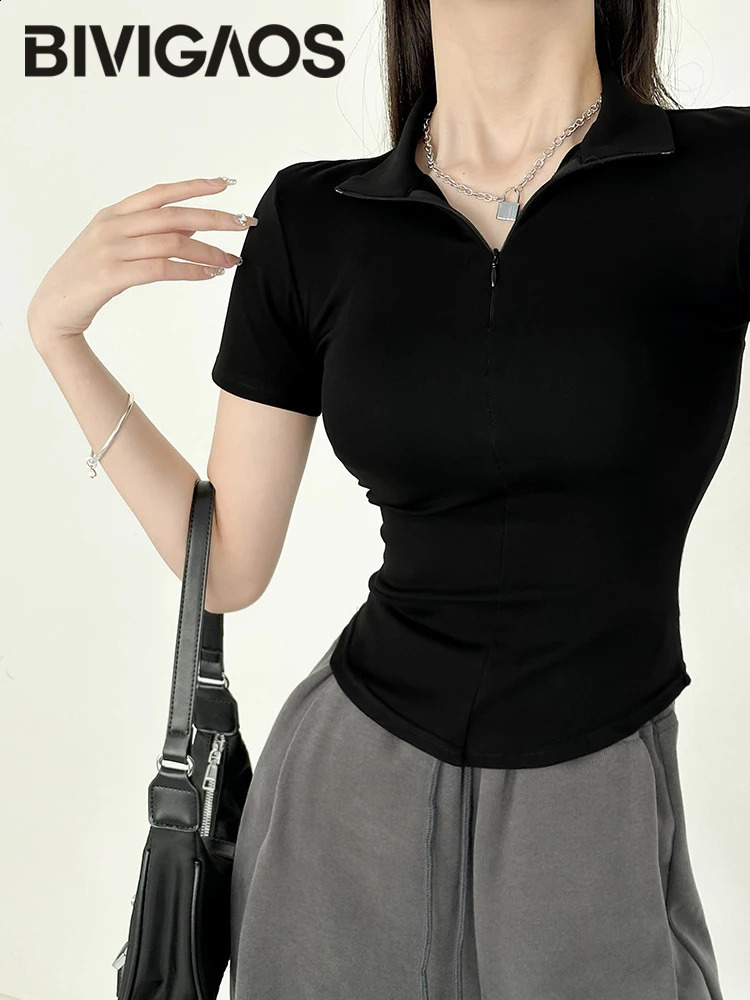 BVIGAOS summer cotton lapel zipper short sleeved T-shirt for women ultra-thin tight and sexy polo shirt half neck high neck T-shirt 240827