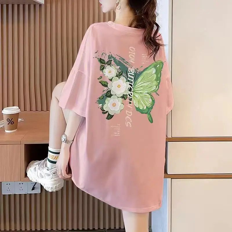 Summer floral alphabet round neck short sleeved loose and fashionable Midi T-shirt womens office womens top 240826