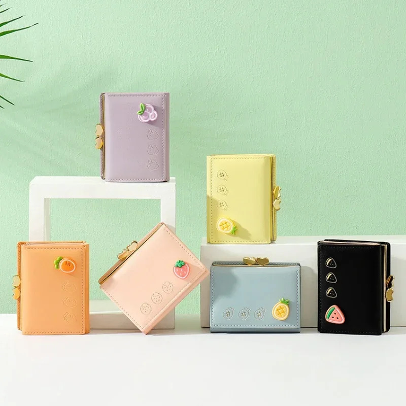 Cute small leather pocket wallet womens fruit printed double fold coin mini currency card clip clutch bag 240827