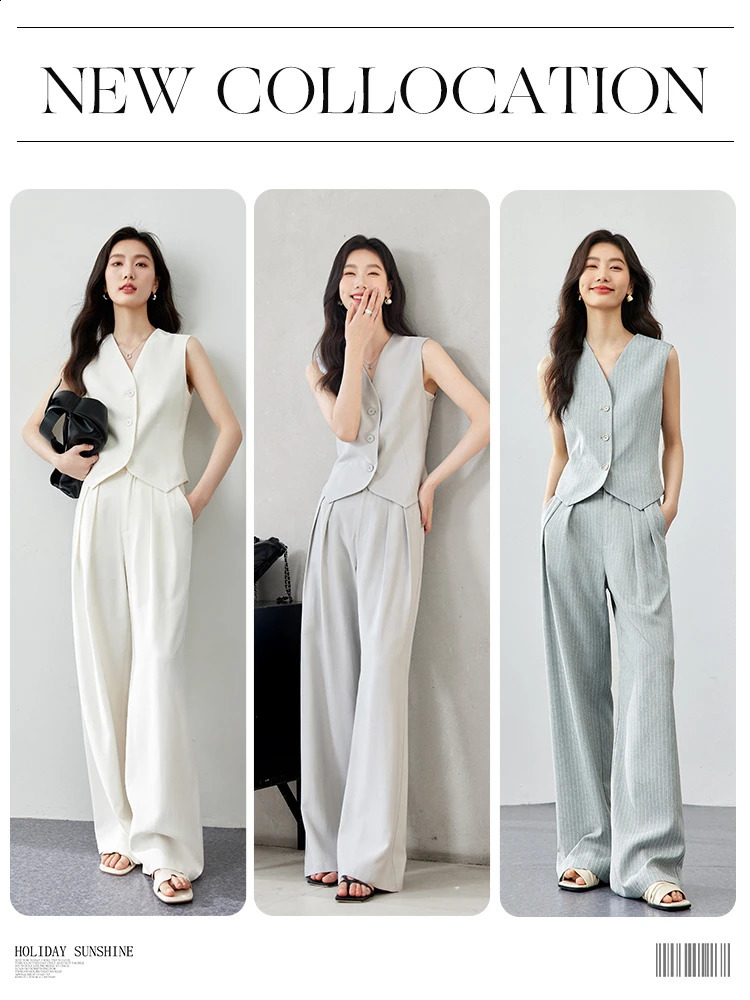 VIMLY Womens Summer Solid and Stripes Blazers Suits Sleeveless Elegant Cropped Blazer VestWide-Leg Pants 2Piece Set M7357 240826
