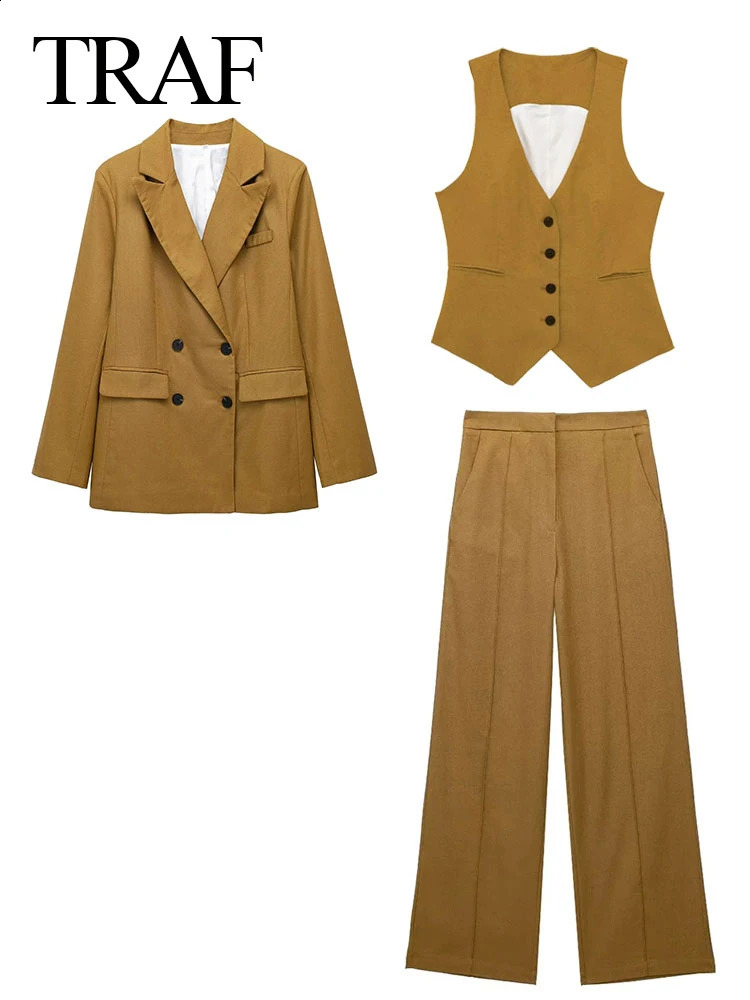TRAF Womens Elegant Blazer Vest Pant 3 Pieces Sets Long Sleeves Blazer Loose Trouser Female Double Breasted Vest Solid OL Suits 240826