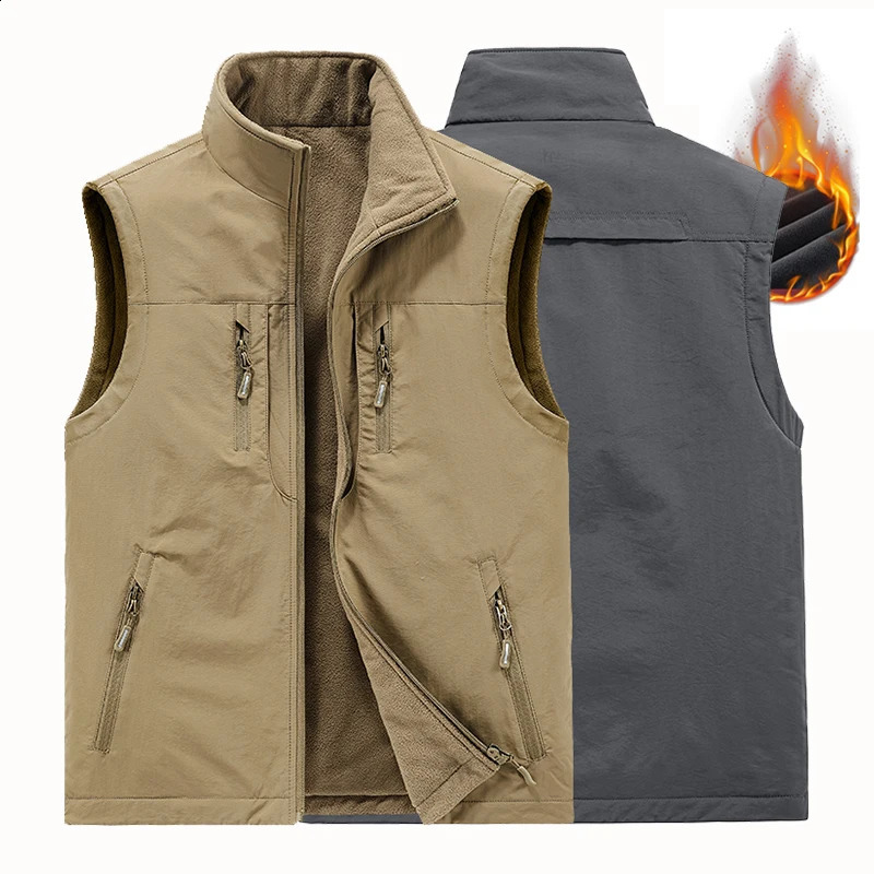 6XL Mens Double-sided Camping Vests Warm Fleece Multi-pocket Utility Casual Tactical Outerwear Outdoor Hiking Cargo Cotton Vests 240826