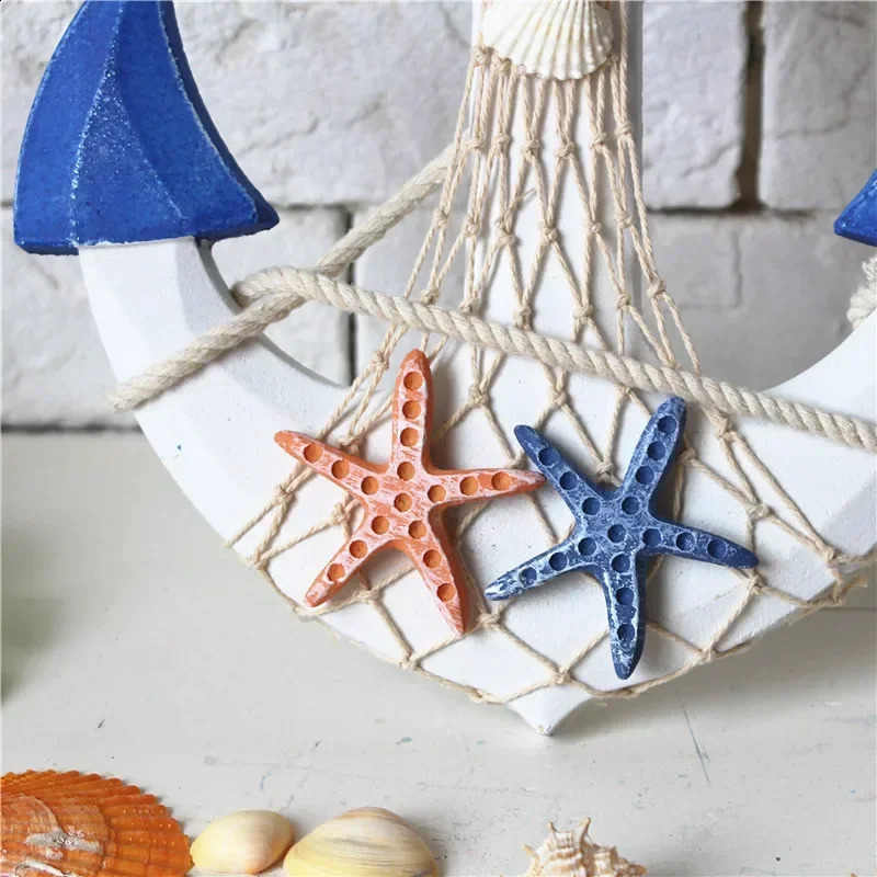 33cm Mediterranean Style Wood Anchor Ornament Nautical Decor Hanging Crafts Thermometer Wall Hanging Hook DIY Home Room Decor 240827