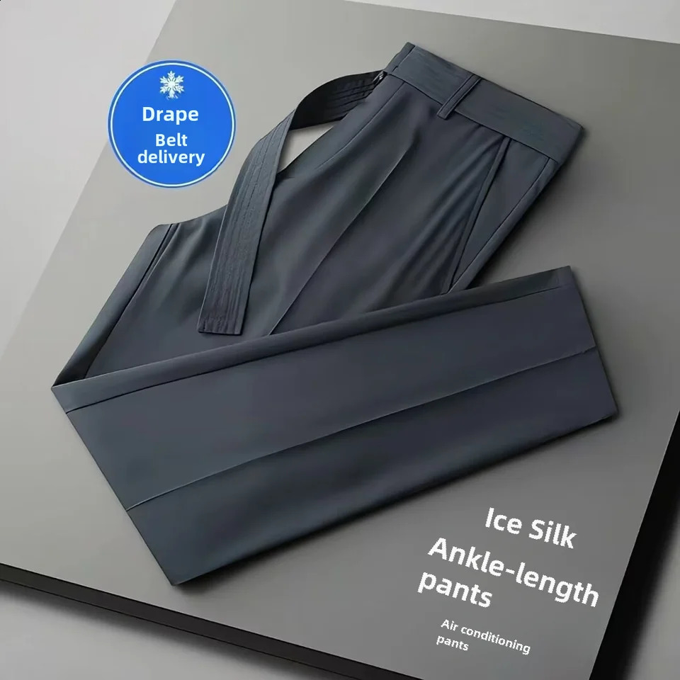 Summer Thin Ice Silk 3/4 Length Trousers For Men Drops Trendy Lightweight Straight-leg Casual Pants Belted Suit Pants 240827