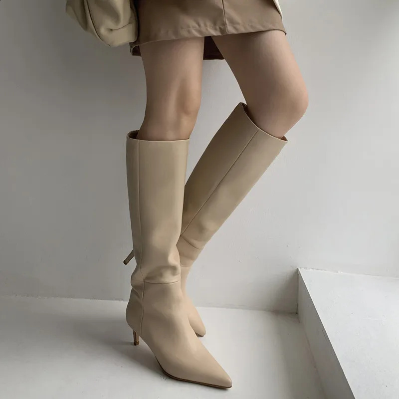 leather knee high boots for women Pointed toes thin heels sliding on party shoes winter autumn high boots for womens shoes 240827