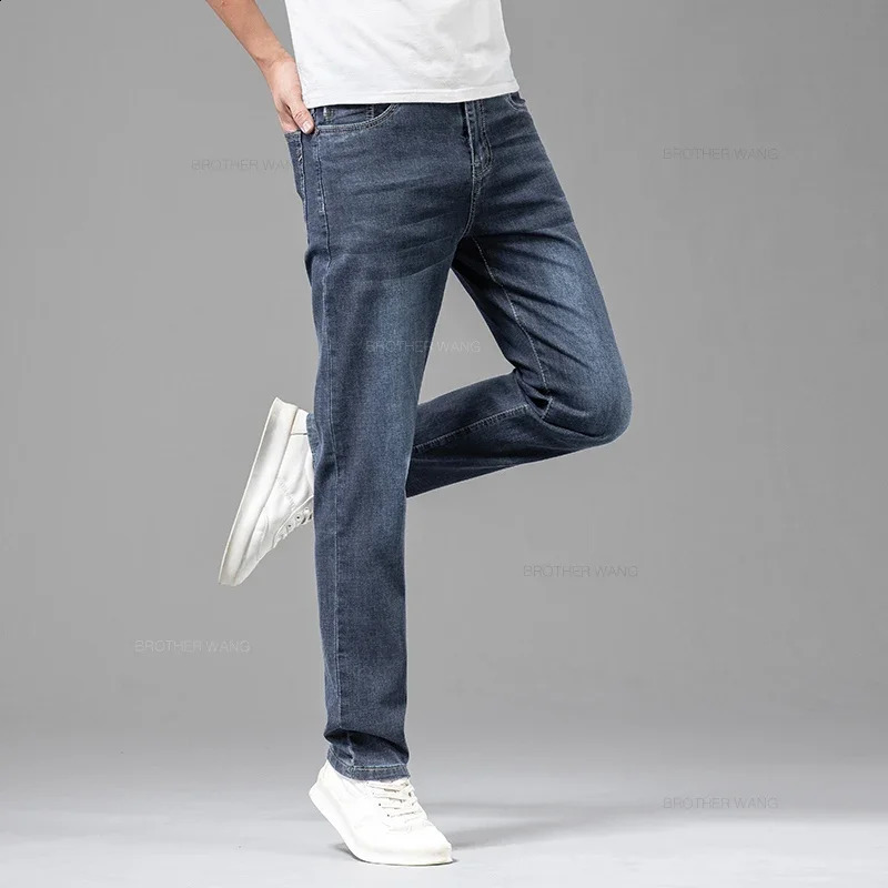 Summer Thin Mens Elastic Cotton Jeans Fashion Gray Comfortable Business Straight Casual Pants Male Clothes Trousers 240826