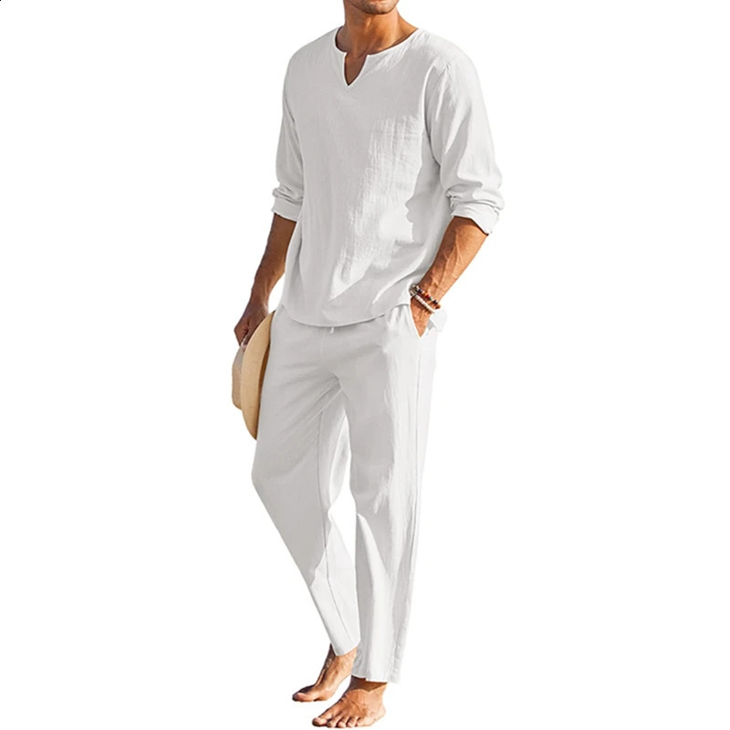White linen mens summer cotton linen clothing solid color long sleeved Henry shirt elastic waist drawstring pants 2 240827
