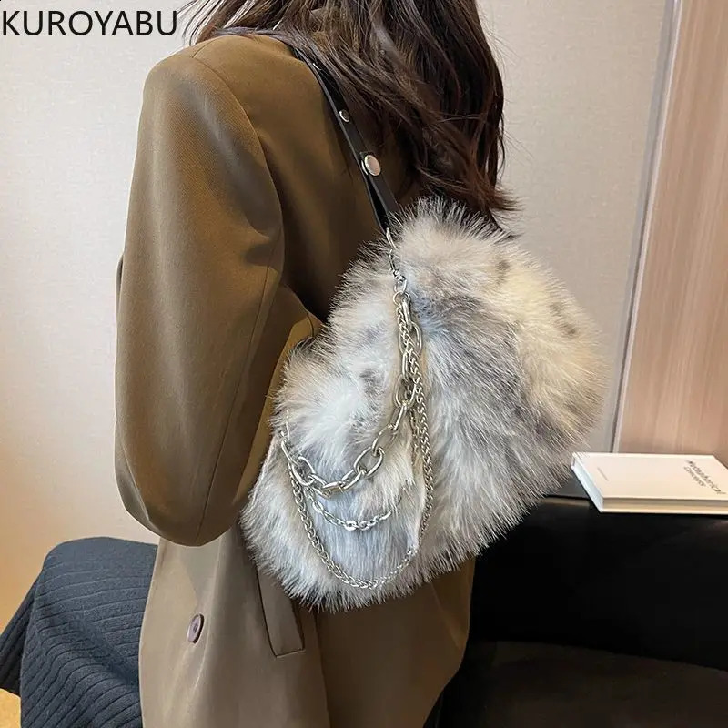Y2k Women Shoulder Underarm Bags Fashion Chains Faux Fur Ladies Furry Crossbody Bag Soft Plush Female Handbags Tote Purse 240827