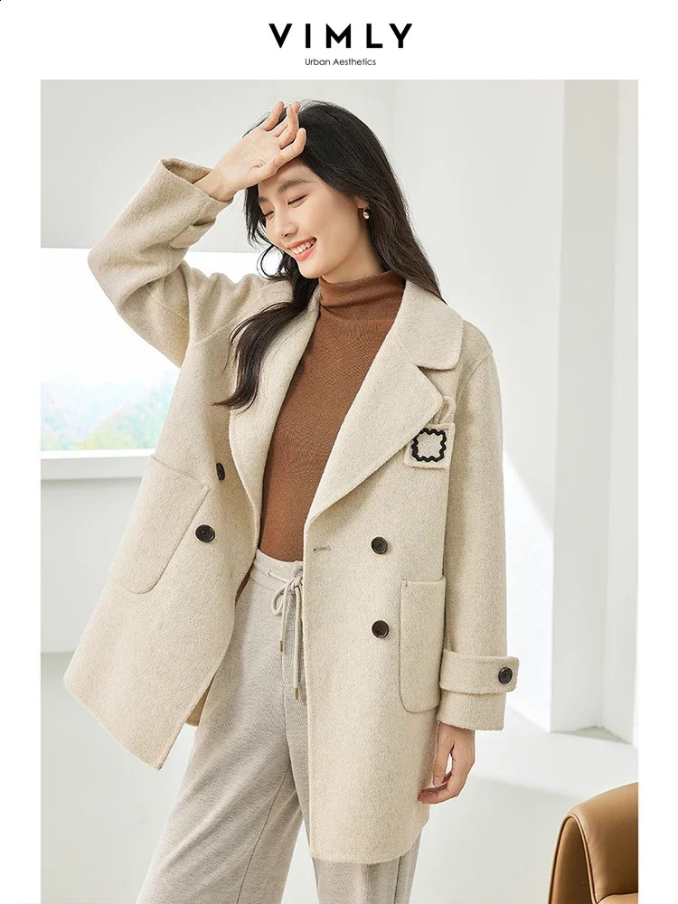 Vimly wool blend jacket for women straight double chest thick warm winter long coat 50709 240826