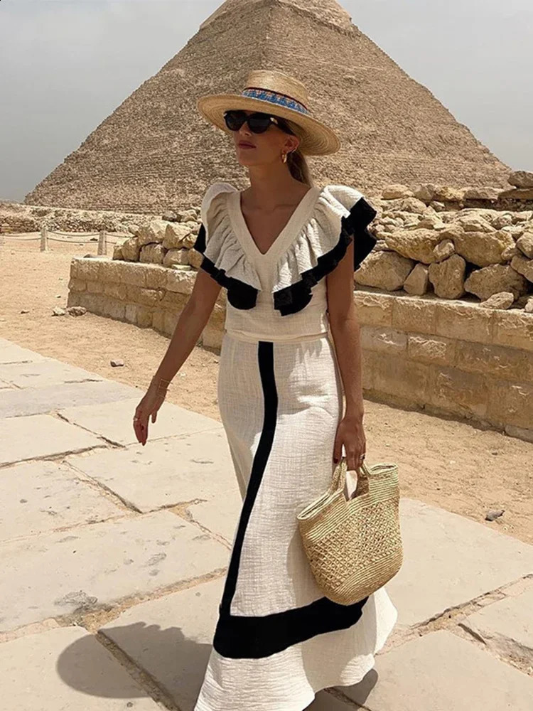 Knit Ruffle Patchwork Skirt Sets Women Elegant V-neck Sleeveless Top Midi Skirts Female Suit Summer Slim 2 Piece Set 240826