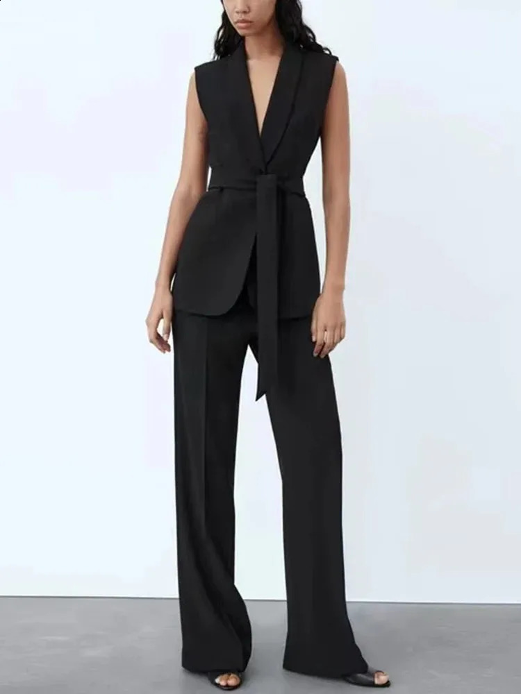 TRAF Womens Vintage Lapel Sleeveless Solid Colour Belted Vest Top Jacket and Blazer Pants Set Elegant Pant Suit 240826