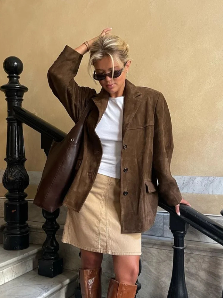 Fashionable brown suede womens jacket elegant lapel long sleeved single chest pocket jacket autumn office womens commuting jacket 240827