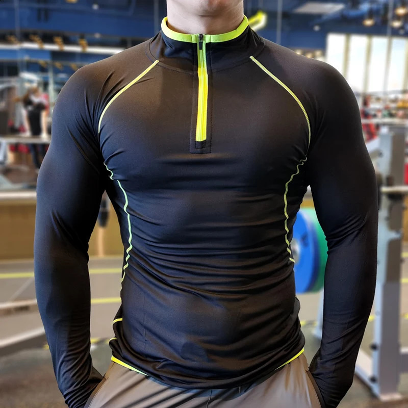 Spring Elastic Running Shirt for Mens Fitness Sports Long Sleeve Training Zipper Stand up Collar Tshirt 240827