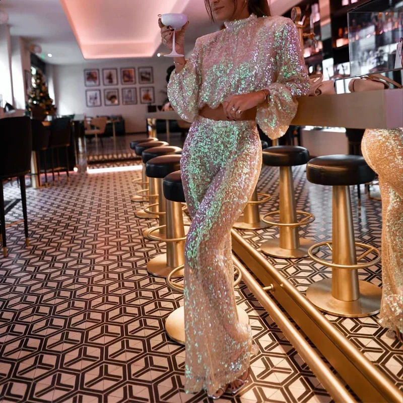 Women Flare Pants 2 Piece Suit Sexy Fashion Sequin Club Party Set Elegant Lantern Sleeve Tops Pullover High Waist Pant Outfits