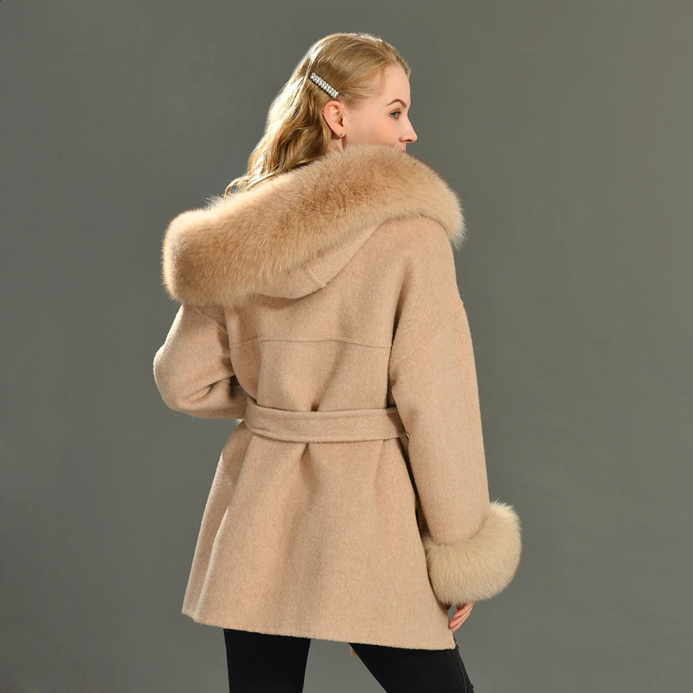 Real Fur Coat Hood Winter Jacket Womens 100% Natural Fox Fur Collar Cuff Cashmere Wool Blended Oversized Coat Loose 240826