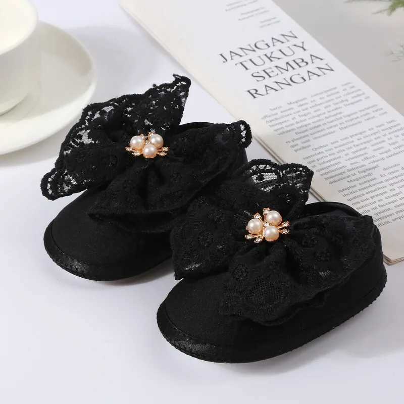 Baby girl flat shoes soft sole hollow bow tie pearl decoration anti slip first mover indoor outdoor toddler walking shoes M240827