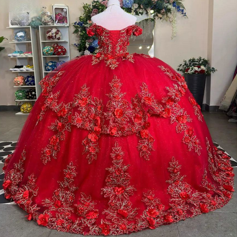 Red Off The Shoulder 3D wers Ball Gown Quinceanera Dresses Ruffles Appliques Lace Beads Tull Vestidos De 15 Anos Sweet 16 Dress
