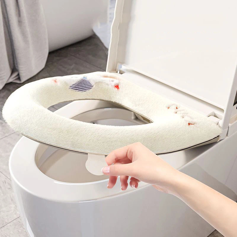Cute Toilet Seat Cover With Zipper Washable Toilet Mat Cover Pad Cushion with Handle Winter Warm Universal Bathroom Accessories 240826
