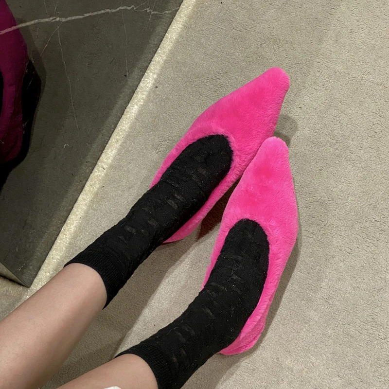 Fashion Pointed Toe fur ballet flat bottomed womens winter warm plush shallow load womens compact fur high-heeled dress shoes Zapatos MUJI 240827