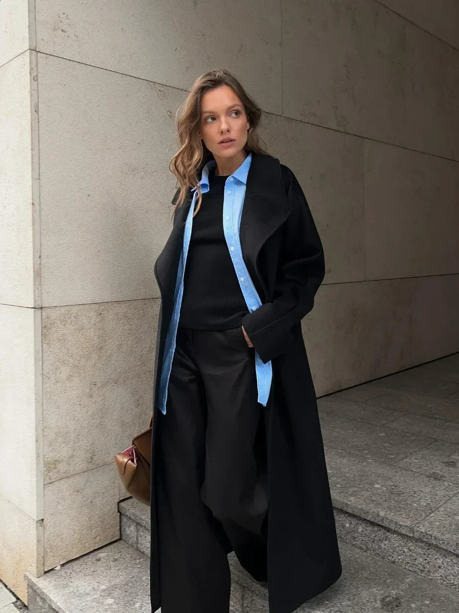 Bornlades Winter Thick Wool Coat Womens Belt Loose Long Jacket Office Autumn Warm Blended 240826
