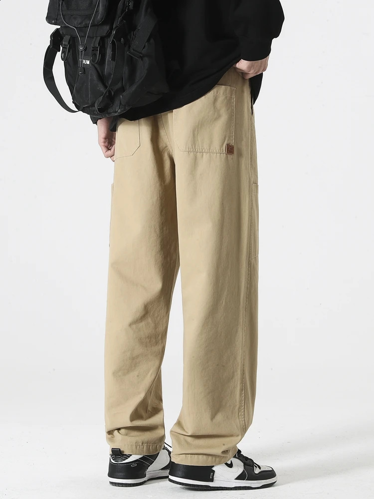 Mens Casual Pants Autumn Korean Fashion Washed Cotton Wide Leg Elastic Waist Straight Trouser