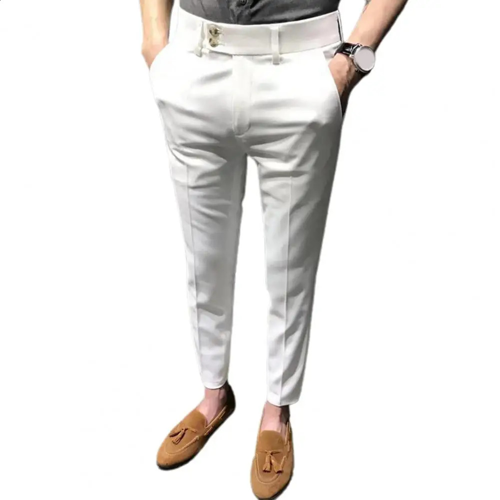 Trendy Men Ninth Pants Slim Fit Ninth Trousers Office Pockets Wear-resistant Zip Up Ninth Suit Pants 240827